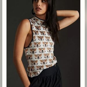 Anthropologie x Sarah Gordon Maria Mock Neck Sweater Tank–Bee Print Metallic. M